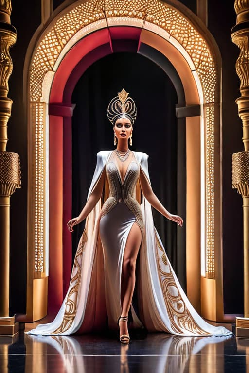  Theatrical backdrop for the opera Aida in the style of Erté hyperrealistic, full body, detailed clothing, highly detailed, cinematic lighting, stunningly beautiful, intricate, sharp focus, f/1. 8, 85mm, (centered image composition), (professionally color graded), ((bright soft diffused light)), volumetric fog, trending on instagram, trending on tumblr, HDR 4K, 8K