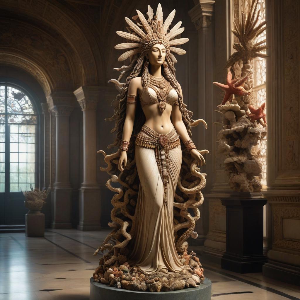  Statue of Sumerian sea goddess, in full height, very long hair, in her hair a headdress made of various marine details (shells, corals, pearls, starfish). The statue is set in the hall of an ancient opulent palace hyperrealistic, full body, detailed clothing, highly detailed, cinematic lighting, stunningly beautiful, intricate, sharp focus, f/1. 8, 85mm, (centered image composition), (professionally color graded), ((bright soft diffused light)), volumetric fog, trending on instagram, trending on tumblr, HDR 4K, 8K