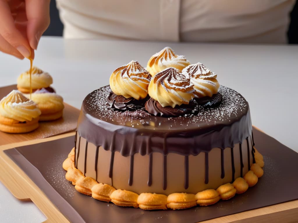  A closeup, ultradetailed image of a glossy, perfectly tempered dark chocolate ganache being poured over a stack of delicate, golden caramelcoated choux pastries. The rich chocolate cascades smoothly over the pastries, capturing the moment of creation in exquisite detail. The contrast between the luxurious dark chocolate and the shimmering caramel creates a visually striking and appetizing scene, highlighting the importance of temperature control in pastry work. hyperrealistic, full body, detailed clothing, highly detailed, cinematic lighting, stunningly beautiful, intricate, sharp focus, f/1. 8, 85mm, (centered image composition), (professionally color graded), ((bright soft diffused light)), volumetric fog, trending on instagram, trending on tumblr, HDR 4K, 8K