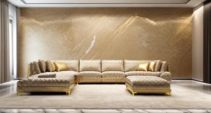 modern luxury living room interior, marble floor, soft beige leather sofa, gold details, ambient lighting, photorealistic, wide angle