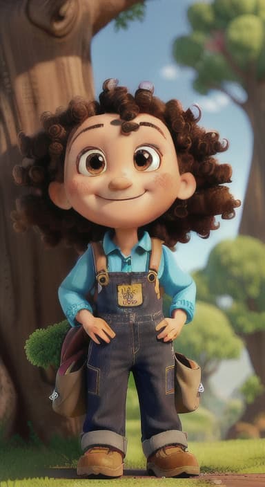  {The tree with a smiling face formed by its bark, looking down at Riley., Riley, a curious with big brown eyes and curly hair, wearing overalls and carrying a small backpack. Their friend, Skye, a bluebird with shiny feathers.