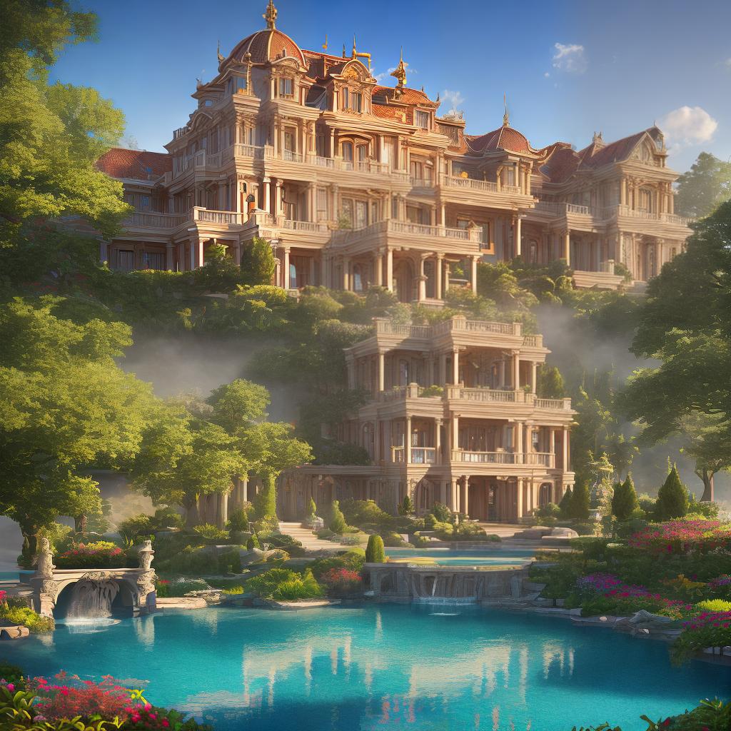  Prepare to be mesmerized by this exceptional artwork depicting a magnificent villa, crafted with the best quality and high attention to detail in 8k resolution. The main subject of the scene is an opulent mansion featuring intricate architectural elements and a serene pond in front. hyperrealistic, full body, detailed clothing, highly detailed, cinematic lighting, stunningly beautiful, intricate, sharp focus, f/1. 8, 85mm, (centered image composition), (professionally color graded), ((bright soft diffused light)), volumetric fog, trending on instagram, trending on tumblr, HDR 4K, 8K