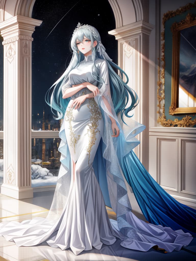  An elegant and elegant lady with a beautiful face, sparkling starry eyes, dressed in a dreamy and dreamy dress, a woman in white clothes who does not indulge in worldly pleasures, long legs and slender waist, standing tall and graceful, and standing proudly on a snowy peak. hyperrealistic, full body, detailed clothing, highly detailed, cinematic lighting, stunningly beautiful, intricate, sharp focus, f/1. 8, 85mm, (centered image composition), (professionally color graded), ((bright soft diffused light)), volumetric fog, trending on instagram, trending on tumblr, HDR 4K, 8K