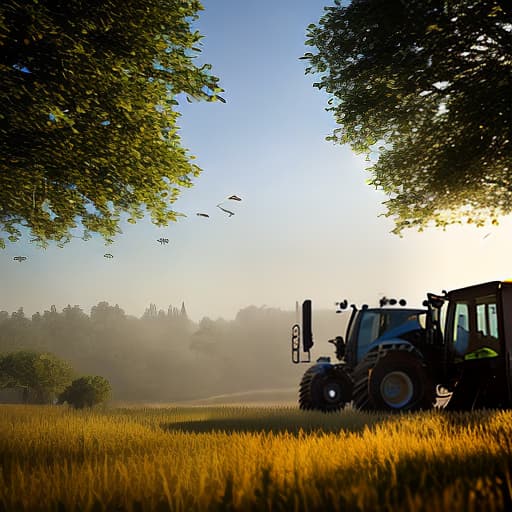 redshift style create picture with robot on midlle and agricultural machines on background hyperrealistic, full body, detailed clothing, highly detailed, cinematic lighting, stunningly beautiful, intricate, sharp focus, f/1. 8, 85mm, (centered image composition), (professionally color graded), ((bright soft diffused light)), volumetric fog, trending on instagram, trending on tumblr, HDR 4K, 8K