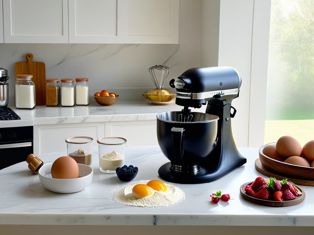  An 8k ultradetailed image of a pristine white marble kitchen countertop with a sleek black stand mixer in the center, surrounded by neatly arranged ingredients for baking like flour, eggs, sugar, vanilla extract, and fresh berries. The sunlight streams in from a nearby window, casting soft shadows and highlighting the textures of the ingredients. The scene exudes a sense of calm and elegance, perfectly encapsulating the essence of quick and delicious dessertmaking. hyperrealistic, full body, detailed clothing, highly detailed, cinematic lighting, stunningly beautiful, intricate, sharp focus, f/1. 8, 85mm, (centered image composition), (professionally color graded), ((bright soft diffused light)), volumetric fog, trending on instagram, trending on tumblr, HDR 4K, 8K