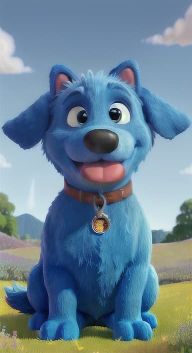  {A happy, big blue dog wagging its tail in a colorful meadow, The big blue dog is large with sky blue fur, big round eyes, a black nose, and floppy ears.