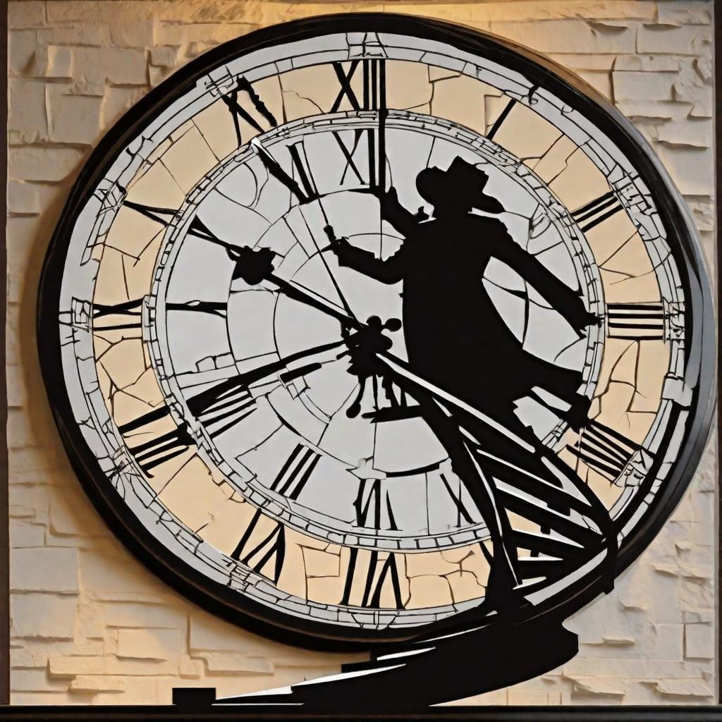  masterpiece, best quality, Shadow figure climbing a staircase. At the top of the stars there’s a broken clock fasding away in pieces. Make the numbers on the clock Roman numerals.