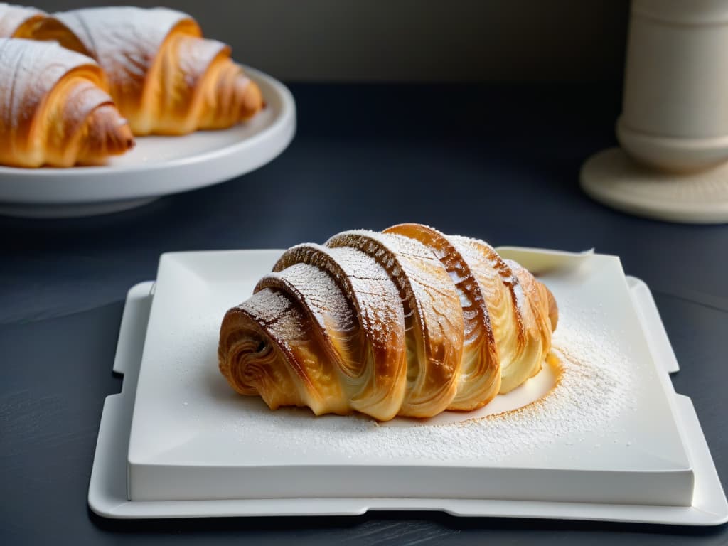  A closeup, ultradetailed image of a perfectly flaky croissant on a sleek, modern white plate, with delicate layers of golden pastry visible, topped with a light dusting of powdered sugar. hyperrealistic, full body, detailed clothing, highly detailed, cinematic lighting, stunningly beautiful, intricate, sharp focus, f/1. 8, 85mm, (centered image composition), (professionally color graded), ((bright soft diffused light)), volumetric fog, trending on instagram, trending on tumblr, HDR 4K, 8K