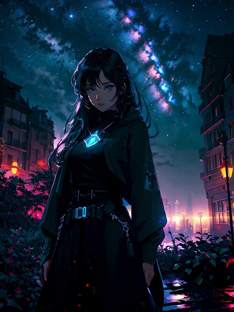  octans, sky, star (sky), scenery, starry sky, night, 1girl, night sky, solo, outdoors, signature, building, cloud, milky way, sitting, tree, long hair, city, silhouette, cityscape，masterpiece, best quality, ,halftone,cloud, light particles, space, sky,water,girl,night  hyperrealistic, full body, detailed clothing, highly detailed, cinematic lighting, stunningly beautiful, intricate, sharp focus, f/1. 8, 85mm, (centered image composition), (professionally color graded), ((bright soft diffused light)), volumetric fog, trending on instagram, trending on tumblr, HDR 4K, 8K