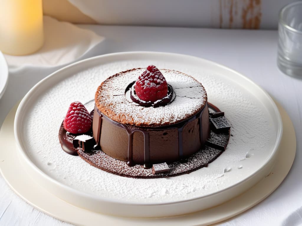  A closeup, photorealistic image of a decadent chocolate lava cake with a perfectly crispy exterior, oozing with a velvety smooth molten center. The cake is elegantly plated on a sleek, modern dish, garnished with a dusting of powdered sugar and a vibrant, fresh raspberry on the side. The rich textures of the crunchy crust against the creamy filling are highlighted, showcasing the perfect fusion of textures in a delectable dessert. hyperrealistic, full body, detailed clothing, highly detailed, cinematic lighting, stunningly beautiful, intricate, sharp focus, f/1. 8, 85mm, (centered image composition), (professionally color graded), ((bright soft diffused light)), volumetric fog, trending on instagram, trending on tumblr, HDR 4K, 8K