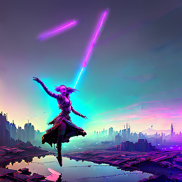 nvinkpunk In this mesmerizing image, a wise female Jedi master levitates serenely above a vast, post-apocalyptic landscape. Her alluring silver-plated burlesque costume stands out against the somber surroundings, enhanced by the vibrant glow of neon light.