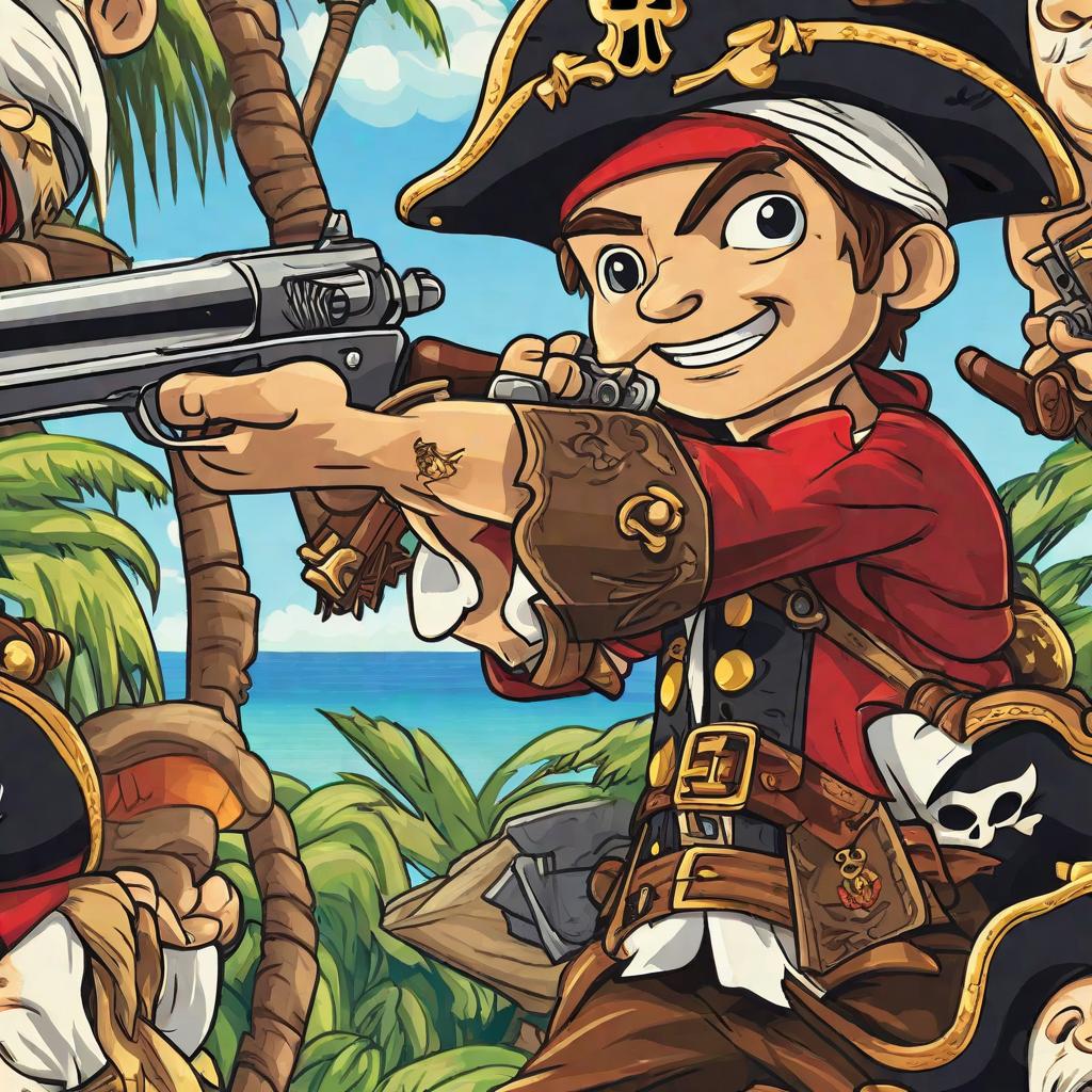  masterpiece, best quality, Pirate boy shooting pistol