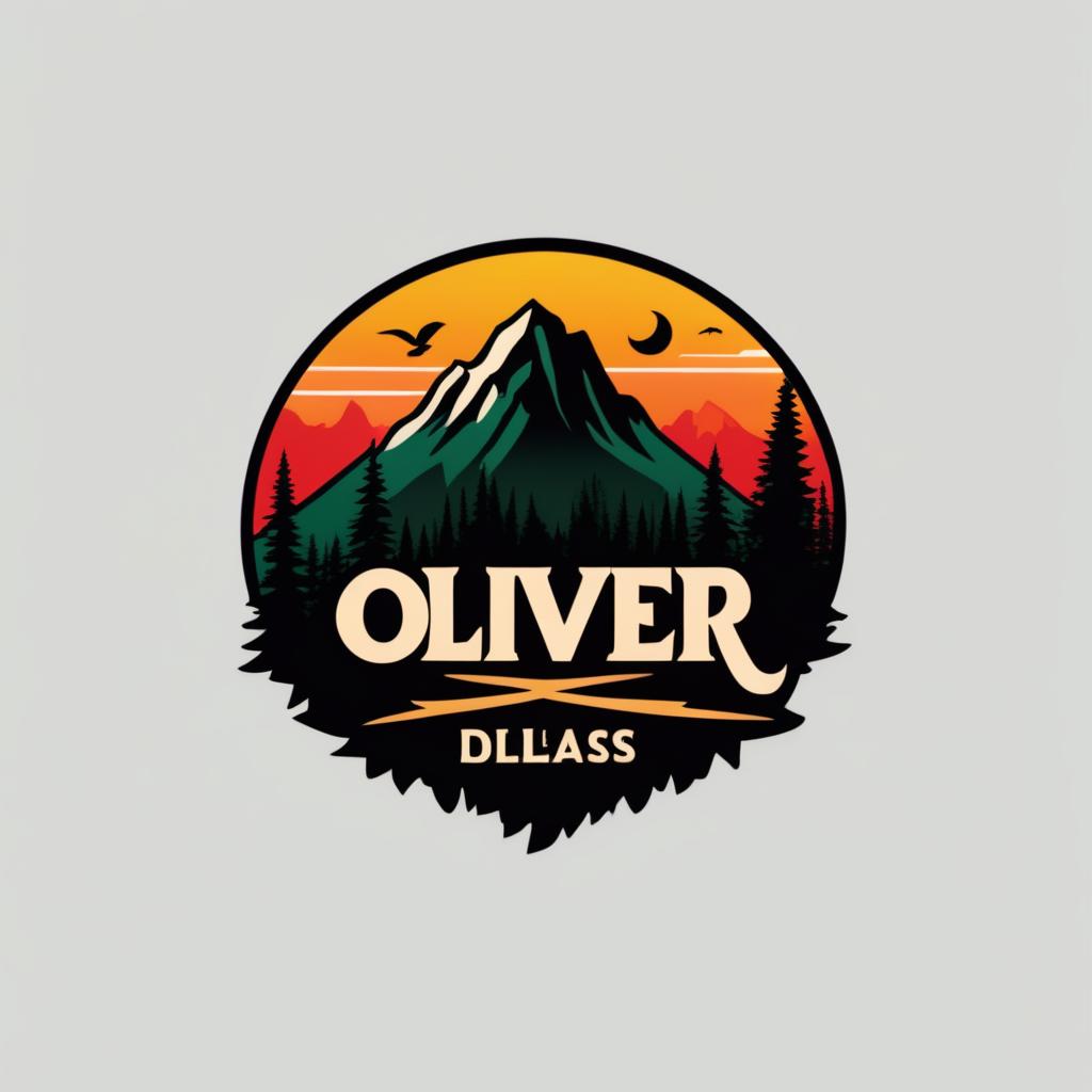  Logo, Diseño de pegatina personalizada en un fondo blanco aislado con las palabras en negrita ‘Oliver’ con un telón de fondo de una cadena montañosa, y siluetas de pinos al atardecer