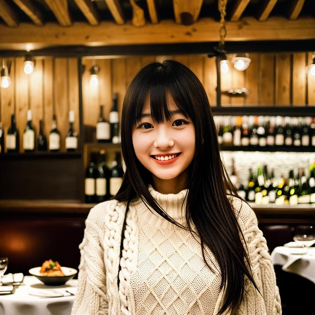  a realistic photo of a young Japanese woman, aged 25, with long dark brown hair with bangs and black eyes, 160cm tall, smiling, wearing white knitwear, at a dark and atmospheric luxurious French restaurant, dinner dishes, wine glass