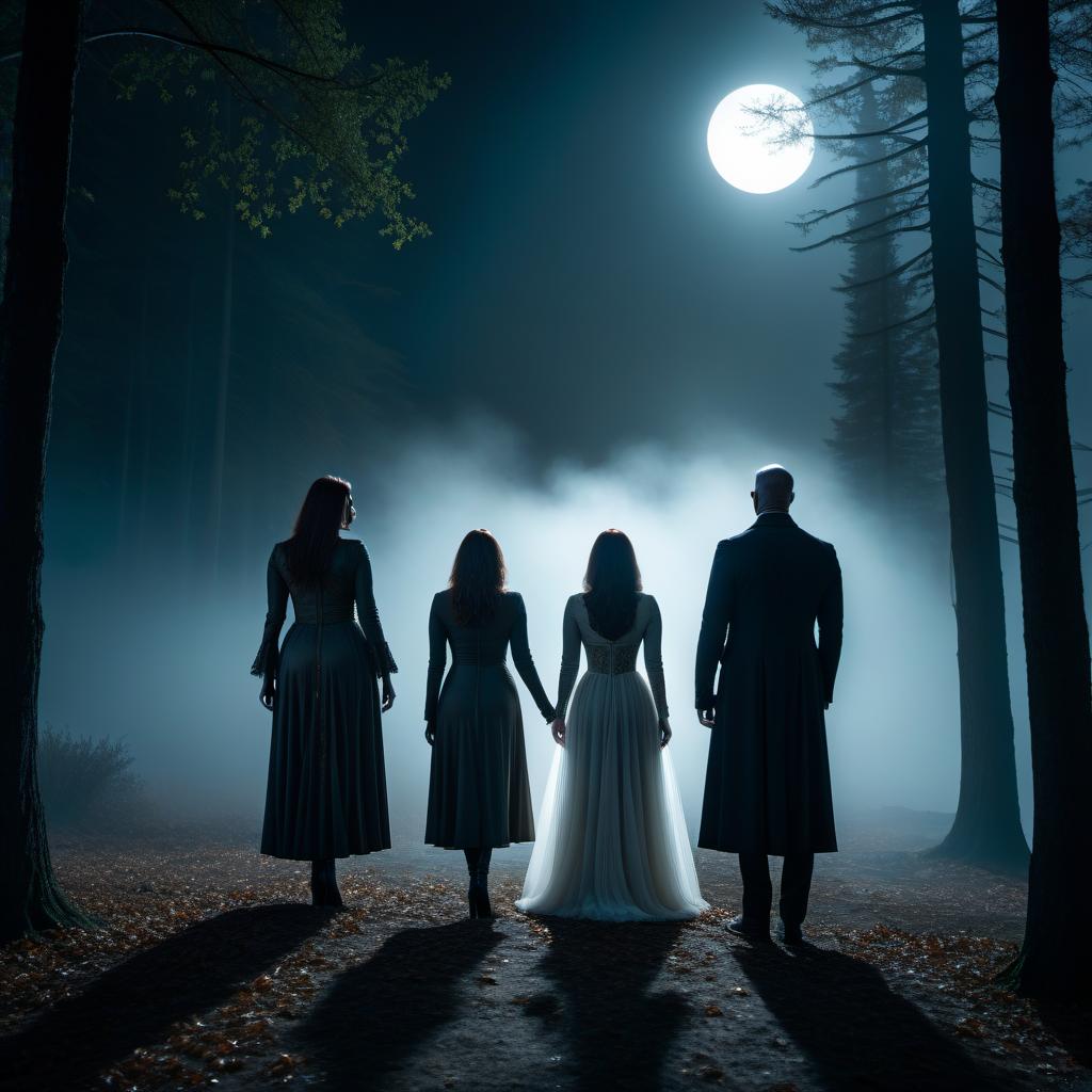  horror themed Create an image of a family with the caption Elisium. . eerie, unsettling, dark, spooky, suspenseful, grim, highly detailed hyperrealistic, full body, detailed clothing, highly detailed, cinematic lighting, stunningly beautiful, intricate, sharp focus, f/1. 8, 85mm, (centered image composition), (professionally color graded), ((bright soft diffused light)), volumetric fog, trending on instagram, trending on tumblr, HDR 4K, 8K