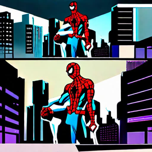  American style (modern) comic about spider man , digital color comicbook style, Draw a cityscape at night with tall buildings and dimly lit streets.. hyperrealistic, full body, detailed clothing, highly detailed, cinematic lighting, stunningly beautiful, intricate, sharp focus, f/1. 8, 85mm, (centered image composition), (professionally color graded), ((bright soft diffused light)), volumetric fog, trending on instagram, trending on tumblr, HDR 4K, 8K