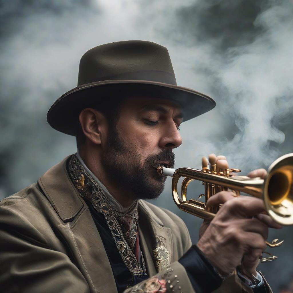  smoking trumpet anatomy hyperrealistic, full body, detailed clothing, highly detailed, cinematic lighting, stunningly beautiful, intricate, sharp focus, f/1. 8, 85mm, (centered image composition), (professionally color graded), ((bright soft diffused light)), volumetric fog, trending on instagram, trending on tumblr, HDR 4K, 8K