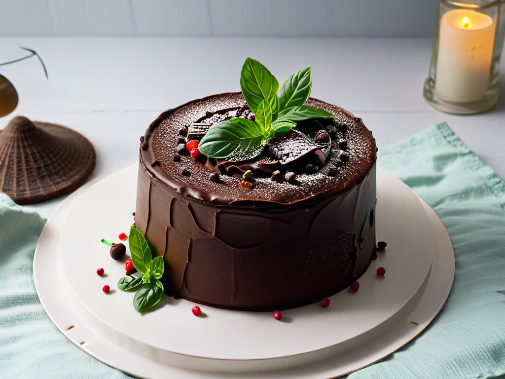  A closeup, ultradetailed image of a decadent chocolate cake topped with vibrant green basil leaves and delicate pink peppercorns, set against a sleek white plate with subtle shadows creating a minimalist and elegant composition. hyperrealistic, full body, detailed clothing, highly detailed, cinematic lighting, stunningly beautiful, intricate, sharp focus, f/1. 8, 85mm, (centered image composition), (professionally color graded), ((bright soft diffused light)), volumetric fog, trending on instagram, trending on tumblr, HDR 4K, 8K