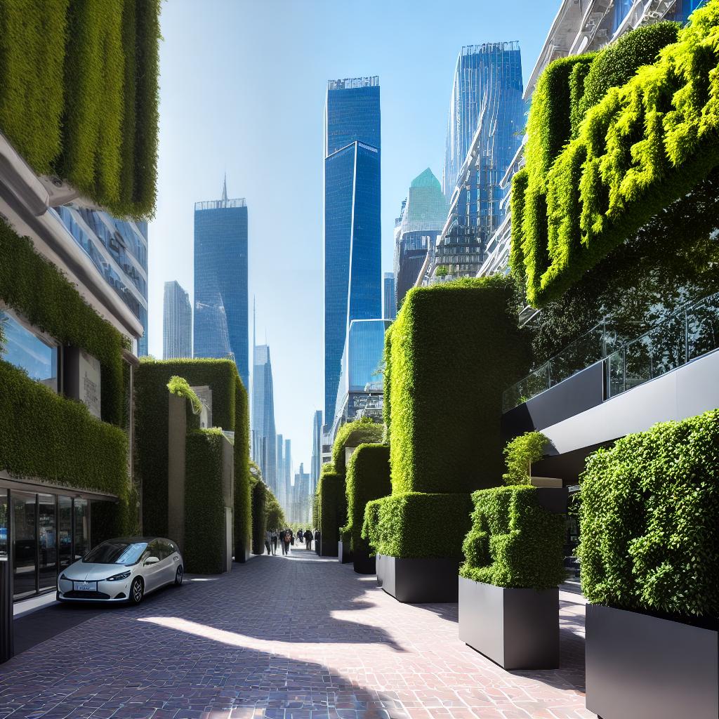  ((Masterpiece)), ((best quality)), 8k, high detailed, ultra-detailed. A sustainable business transformation landscape. A cityscape with modern skyscrapers showcasing green technology and renewable energy sources. (Solar panels) on rooftops, (wind turbines) spinning gracefully in the distance, (electric vehicle charging stations) lining the streets, (vertical gardens) covering the buildings, and (bicycles) being used for transportation. The sky is clear and blue, with (sunshine) illuminating the scene and creating vibrant colors. hyperrealistic, full body, detailed clothing, highly detailed, cinematic lighting, stunningly beautiful, intricate, sharp focus, f/1. 8, 85mm, (centered image composition), (professionally color graded), ((bright soft diffused light)), volumetric fog, trending on instagram, trending on tumblr, HDR 4K, 8K