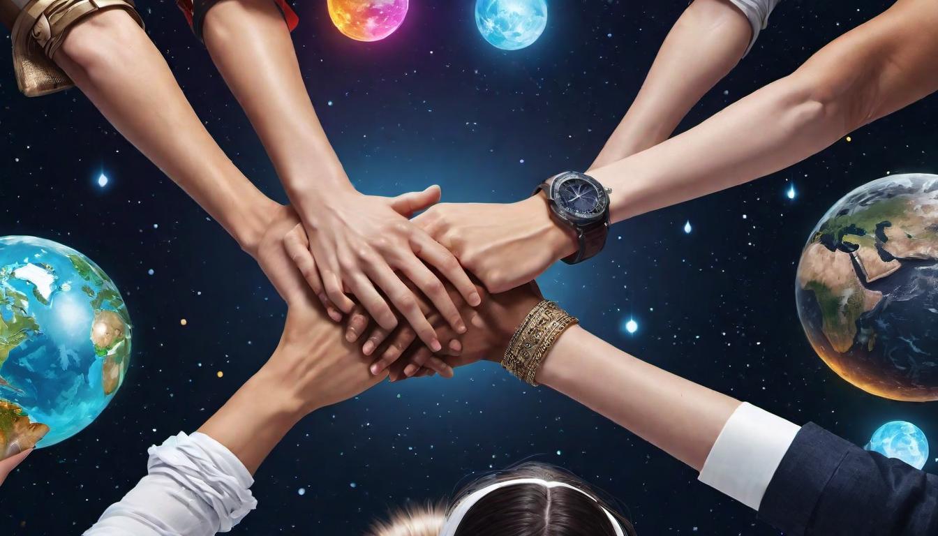  digital illustration, A circle of people holding hands, each person dressed uniquely, glowing with light, global community, unity, ascension, looking at viewer, dynamic pose, (intricate details, masterpiece, best quality)