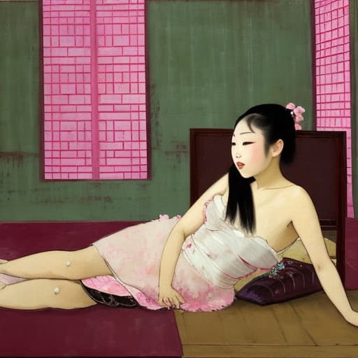  Attractive Beautiful young Asian reclining with moist pink open lips. Forground is plates of fine dark chocolates. Background is a Asian palace. Painting style of Edgar Degas