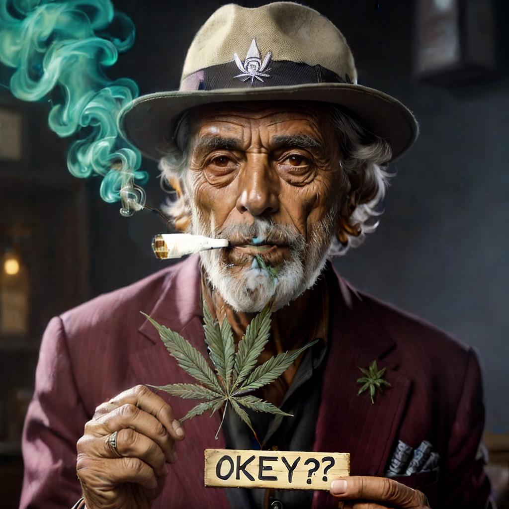  a old hip hoper smoking cannabis, with a sign in his hand with the word on it: &quot;Okey?&quot;, best quality, masterpiece