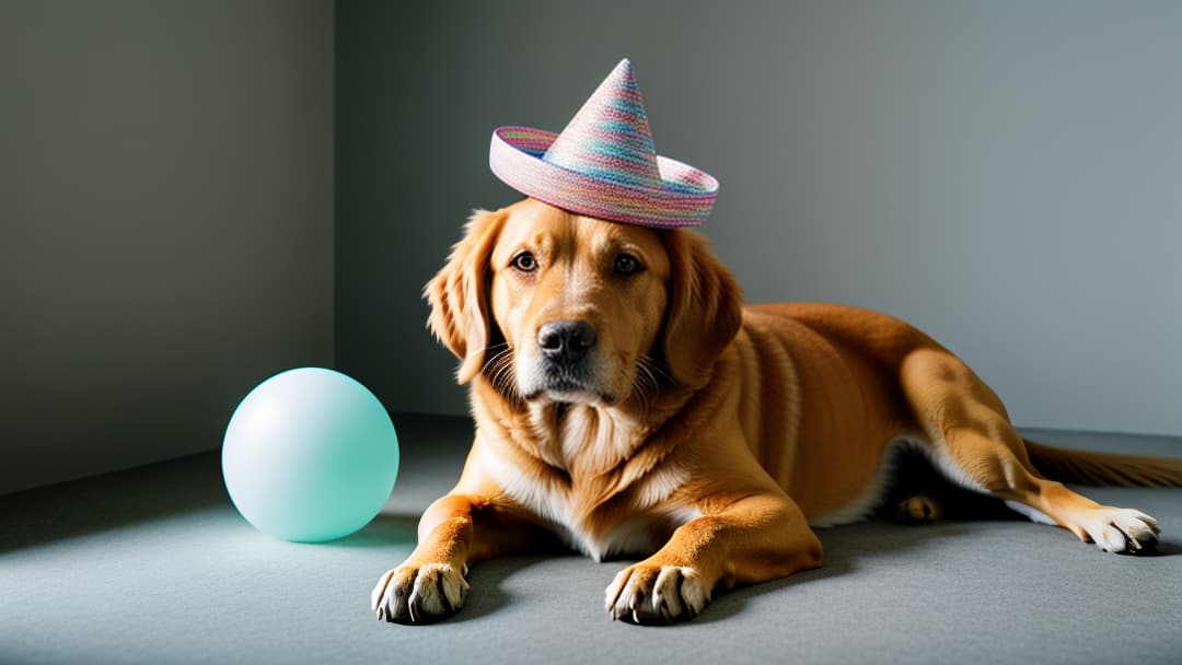  a hyper-realistic photo of a old senior dog in a birthday party hat hyperrealistic, full body, detailed clothing, highly detailed, cinematic lighting, stunningly beautiful, intricate, sharp focus, f/1. 8, 85mm, (centered image composition), (professionally color graded), ((bright soft diffused light)), volumetric fog, trending on instagram, trending on tumblr, HDR 4K, 8K