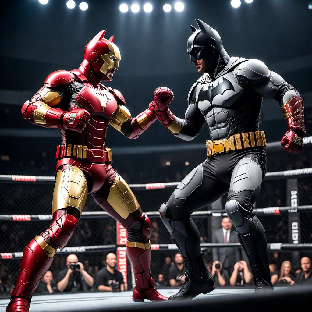  Batman and Ironman in a UFC ring, engaged in a dynamic battle. The image should portray them in the heat of a friendly sparring match, both wearing their respective suits and using their iconic poses as they fight. The ring is surrounded by an excited audience, with theatrical lighting that mimics the ambiance of a high-energy UFC fight night. hyperrealistic, full body, detailed clothing, highly detailed, cinematic lighting, stunningly beautiful, intricate, sharp focus, f/1. 8, 85mm, (centered image composition), (professionally color graded), ((bright soft diffused light)), volumetric fog, trending on instagram, trending on tumblr, HDR 4K, 8K