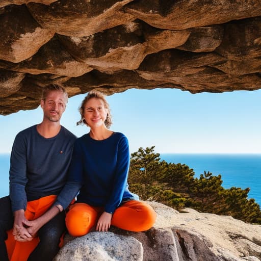 portrait+ style A couple sit on the top of a mountain looking out to the ocean the sun is setting casting a warm orange glow