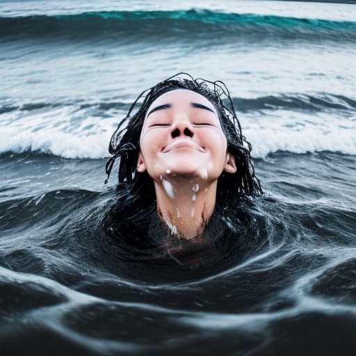  woman's face sticking from the water The shore is visible in the background