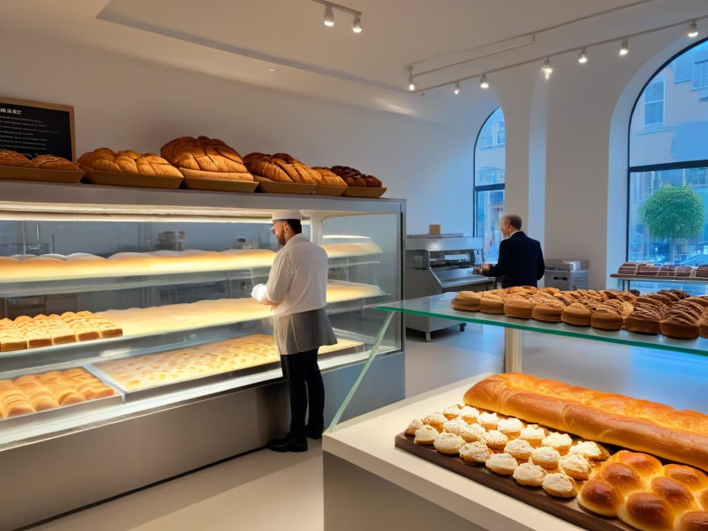  A stunning 8k ultradetailed image of a modern, sleek bakery interior with sustainable design elements such as energyefficient lighting, ecofriendly materials, and recycling stations prominently displayed. The bakery is bustling with customers enjoying delicious pastries and coffee, all served in compostable packaging. The atmosphere exudes a sense of warmth, community, and environmental consciousness, perfectly capturing the essence of sustainable leadership in the baking industry. hyperrealistic, full body, detailed clothing, highly detailed, cinematic lighting, stunningly beautiful, intricate, sharp focus, f/1. 8, 85mm, (centered image composition), (professionally color graded), ((bright soft diffused light)), volumetric fog, trending on instagram, trending on tumblr, HDR 4K, 8K