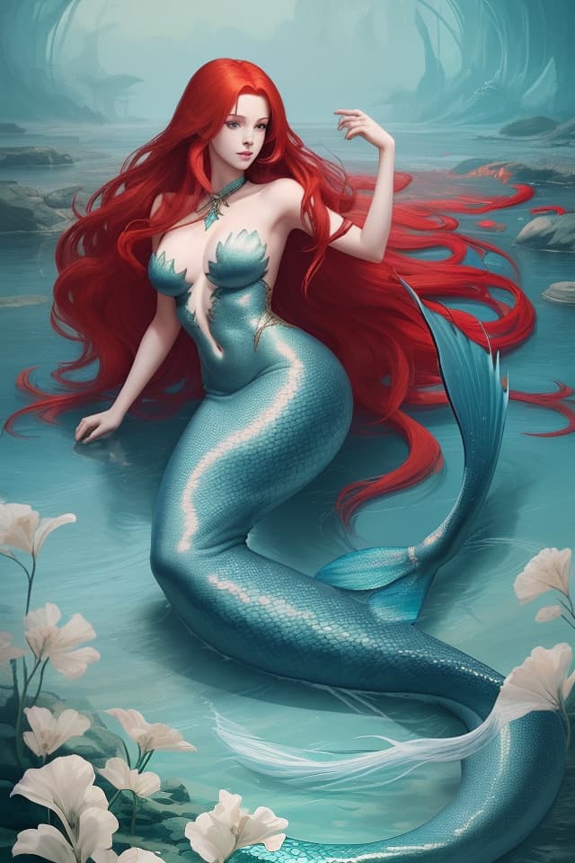  Red hair, long hair, beautiful , big s, mermaid, fantasy