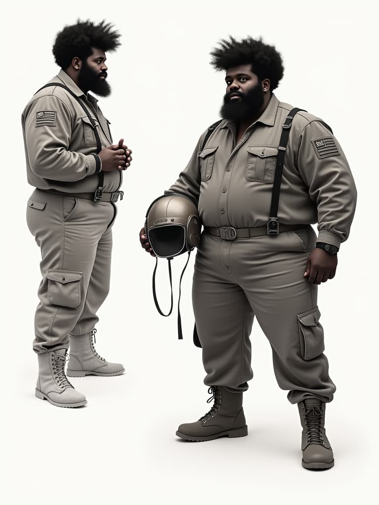  create a character sheet featuring an afrodescendant adult male with a plus sized body and a curly fro. he should be depicted in various angles, holding a pilot helmet. his attire includes combat boots. the color scheme for this editorial photography should be monochromatic, utilizing different shades and tints of a single color to enhance the visual impact.