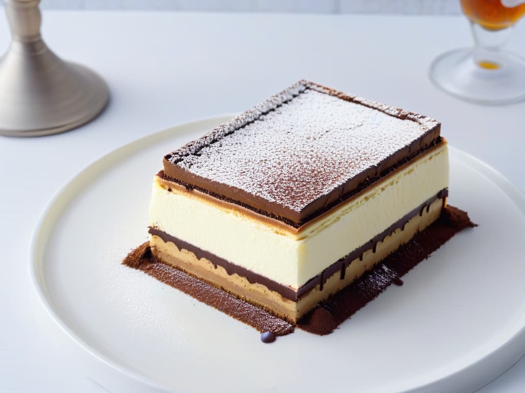  A closeup, highresolution image of a decadent piece of tiramisu placed elegantly on a modern, sleek white plate. The tiramisu is beautifully layered with creamy mascarpone cheese, delicate espressosoaked ladyfingers, and a dusting of rich cocoa powder on top. The focus is on the intricate layers of the dessert, showcasing its indulgent texture and inviting presentation. The background is simple and clean, enhancing the minimalist aesthetic of the image. hyperrealistic, full body, detailed clothing, highly detailed, cinematic lighting, stunningly beautiful, intricate, sharp focus, f/1. 8, 85mm, (centered image composition), (professionally color graded), ((bright soft diffused light)), volumetric fog, trending on instagram, trending on tumblr, HDR 4K, 8K