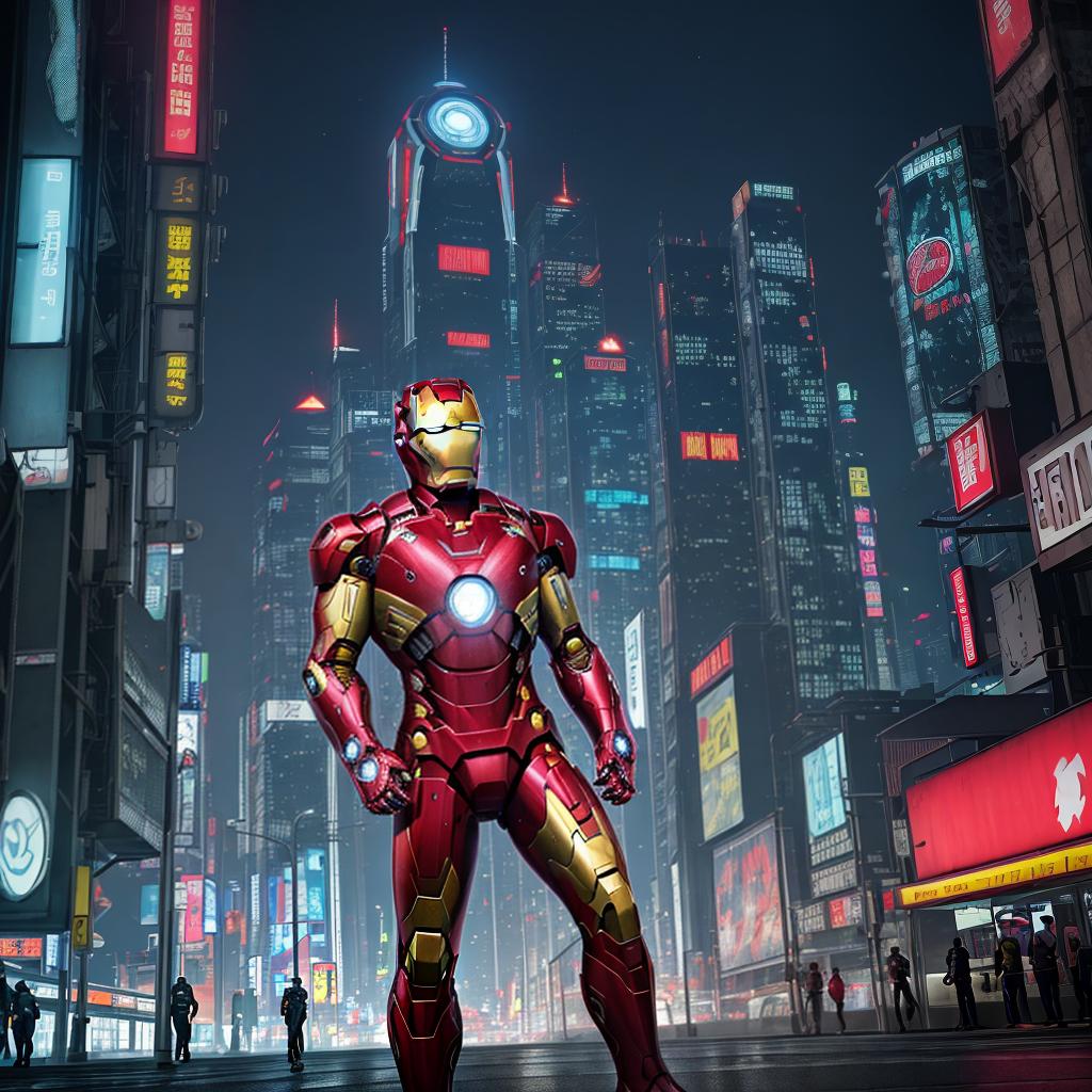  masterpiece, best quality, Best quality, masterpiece, 8k resolution, realistic, highly detailed, close up of Iron Man. In a cyberpunk-style night scene of the city, he stands on a street lined with tall buildings. The city's night lights are bright, The surrounding buildings and streets are filled with cyberpunk elements such as neon lights, high-tech devices, and futuristic architectural designs.