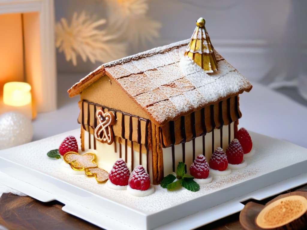  A closeup, photorealistic image of a modern twist on a traditional Christmas dessert, showcasing a deconstructed gingerbread house with intricate layers of spiced ginger cake, molasses drizzle, caramelized sugar shards, and a dusting of edible gold leaf. The dessert is elegantly plated on a glossy white ceramic dish, garnished with fresh mint leaves and raspberries, set against a blurred background of a festive holiday table setting with twinkling fairy lights and sparkling ornaments. hyperrealistic, full body, detailed clothing, highly detailed, cinematic lighting, stunningly beautiful, intricate, sharp focus, f/1. 8, 85mm, (centered image composition), (professionally color graded), ((bright soft diffused light)), volumetric fog, trending on instagram, trending on tumblr, HDR 4K, 8K