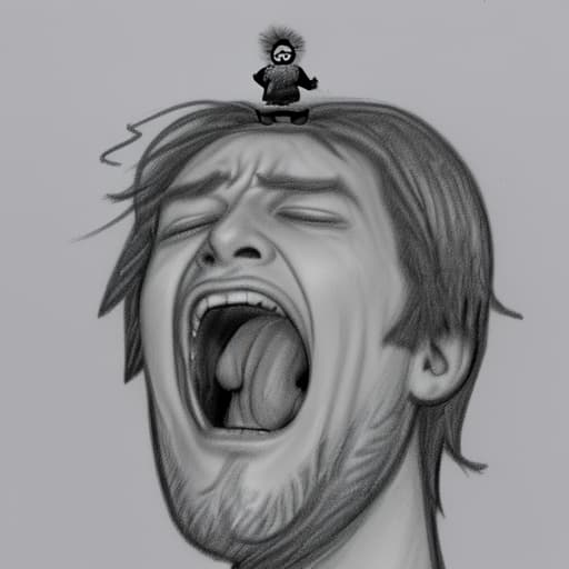  pencil sketch of a depressed man screaming with little heads coming from out of his head and they are screaming as well.