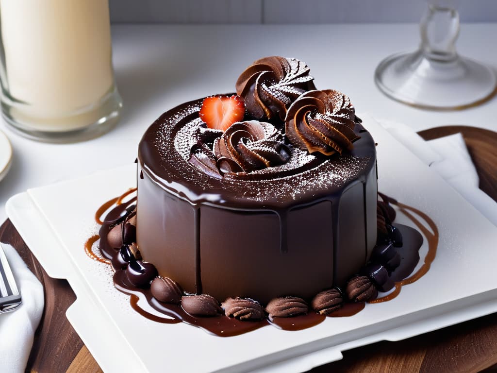  An ultradetailed closeup image of a rich, dark chocolate fondant being gently drizzled with a velvety smooth pure cacao sauce, the glossy glaze cascading elegantly over the dessert, highlighting the intricate swirls of the dessert's surface. The decadent dessert sits atop a sleek, minimalist white plate, emphasizing the contrast between the deep brown hues of the chocolate and the pristine backdrop. The play of light and shadow creates a mesmerizing visual effect, evoking a sense of indulgence and sophistication. hyperrealistic, full body, detailed clothing, highly detailed, cinematic lighting, stunningly beautiful, intricate, sharp focus, f/1. 8, 85mm, (centered image composition), (professionally color graded), ((bright soft diffused light)), volumetric fog, trending on instagram, trending on tumblr, HDR 4K, 8K