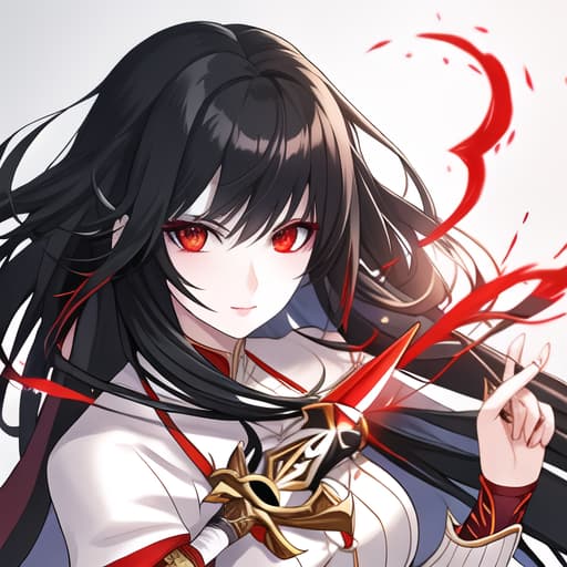  a girl manhua character with black hair and red eyes with white skin wearing knite dress and carrying a sword hyperrealistic, full body, detailed clothing, highly detailed, cinematic lighting, stunningly beautiful, intricate, sharp focus, f/1. 8, 85mm, (centered image composition), (professionally color graded), ((bright soft diffused light)), volumetric fog, trending on instagram, trending on tumblr, HDR 4K, 8K