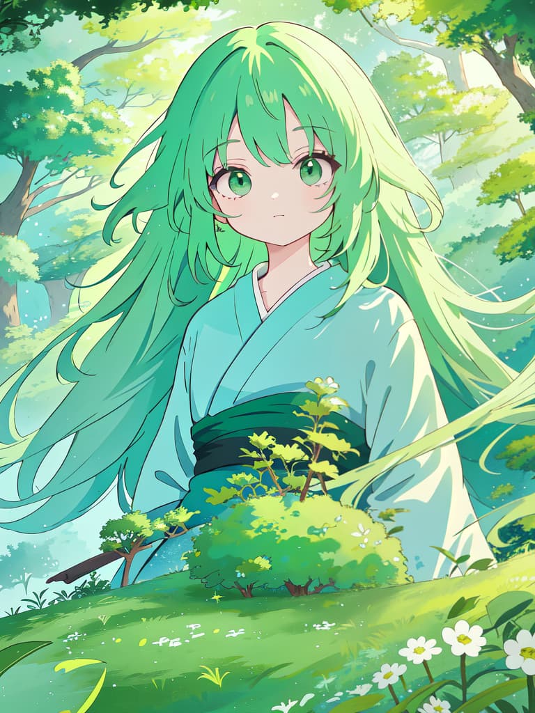  Ghibli style style green hair character, masterpiece, best quality,8k,ultra detailed,high resolution,an extremely delicate and beautiful,hyper detail