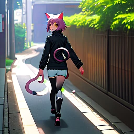  an anime girl with cat ears cat tail cat eyes walking into a realistic world