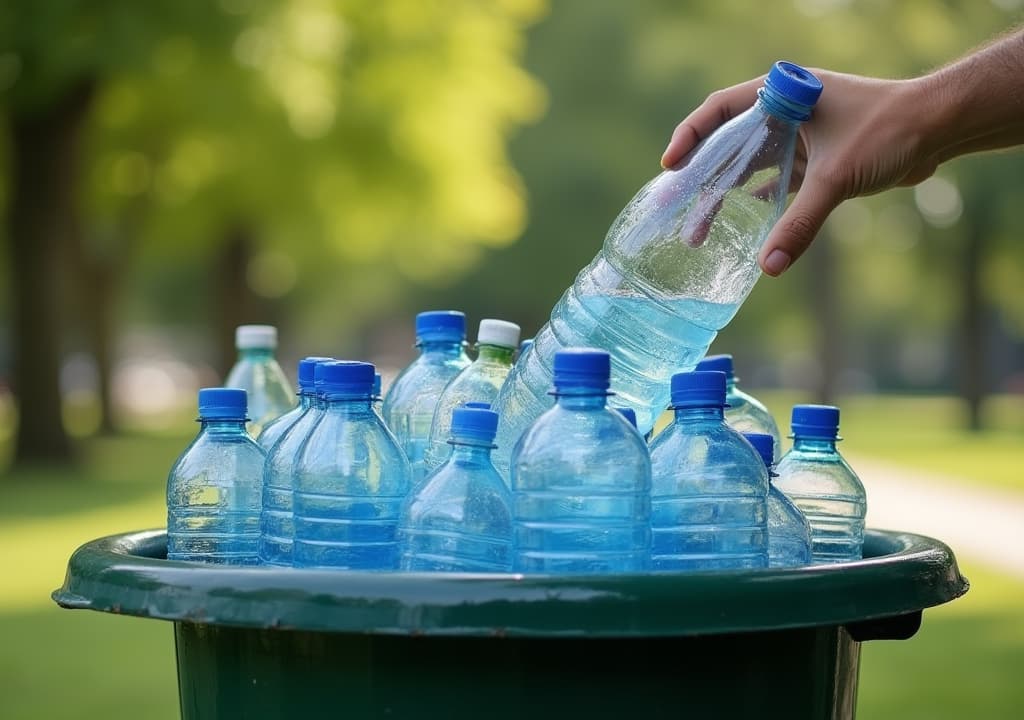  good quality, high quality, a recycling bin filled with empty plastic water bottles, with a new bottle just being added, in front of a green park backdrop.