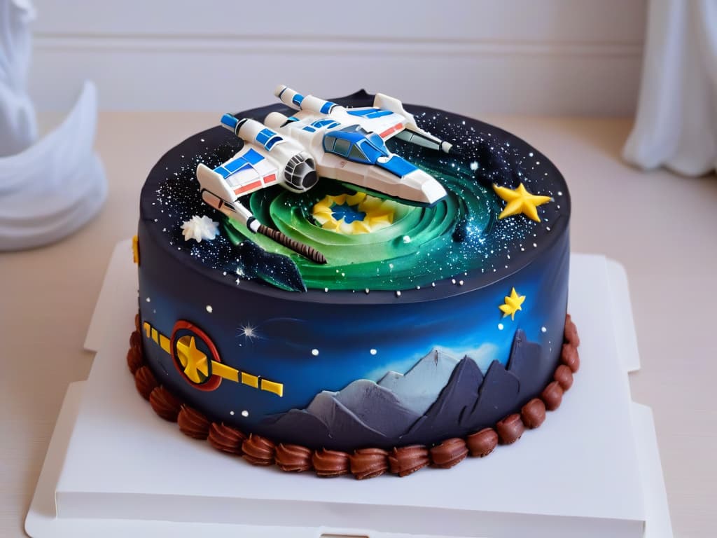  An intricately detailed and photorealistic image of a stunning galaxythemed cake adorned with edible replicas of iconic Star Wars spaceships like the Millennium Falcon and XWing fighters. The cake is set against a backdrop of swirling cosmic colors and twinkling stars, creating a mesmerizing and truly outofthisworld dessert masterpiece. hyperrealistic, full body, detailed clothing, highly detailed, cinematic lighting, stunningly beautiful, intricate, sharp focus, f/1. 8, 85mm, (centered image composition), (professionally color graded), ((bright soft diffused light)), volumetric fog, trending on instagram, trending on tumblr, HDR 4K, 8K