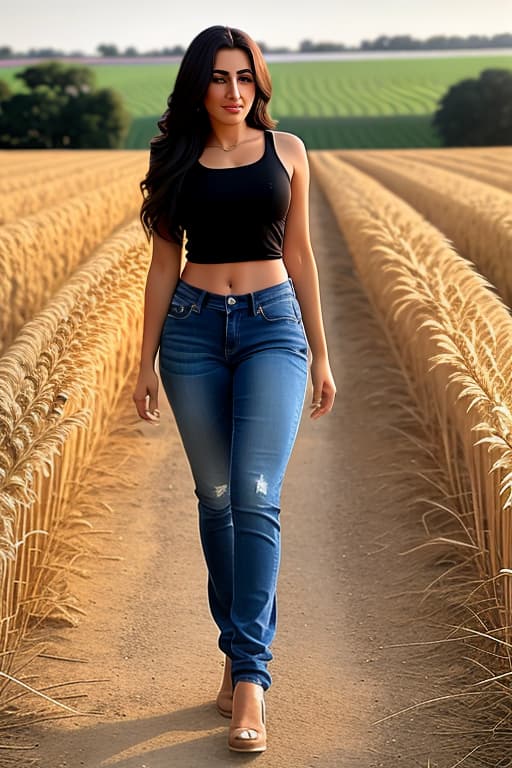  Middle eastern female, jeans, full body picture pose, tall wheat, field, farm