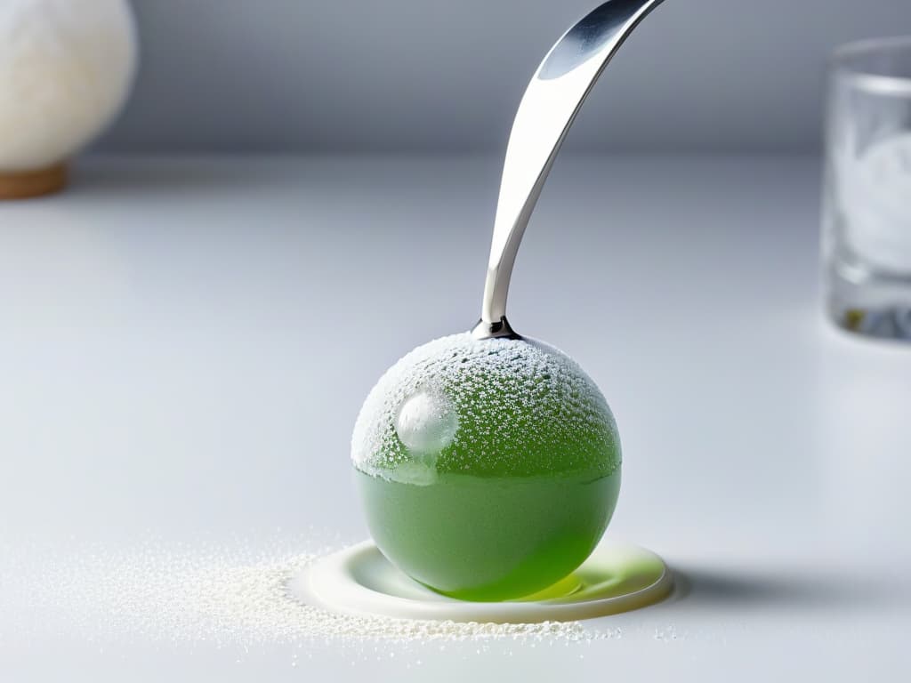  A closeup, ultradetailed image of a crystalclear sorbet ball delicately balanced on a silver spoon, showcasing its smooth, glossy texture with tiny, intricate ice crystals glistening in the light. The sorbet ball appears to be floating in midair, with a soft focus background of a modern, sleek kitchen setting, emphasizing the precision and elegance of molecular gastronomy techniques. hyperrealistic, full body, detailed clothing, highly detailed, cinematic lighting, stunningly beautiful, intricate, sharp focus, f/1. 8, 85mm, (centered image composition), (professionally color graded), ((bright soft diffused light)), volumetric fog, trending on instagram, trending on tumblr, HDR 4K, 8K