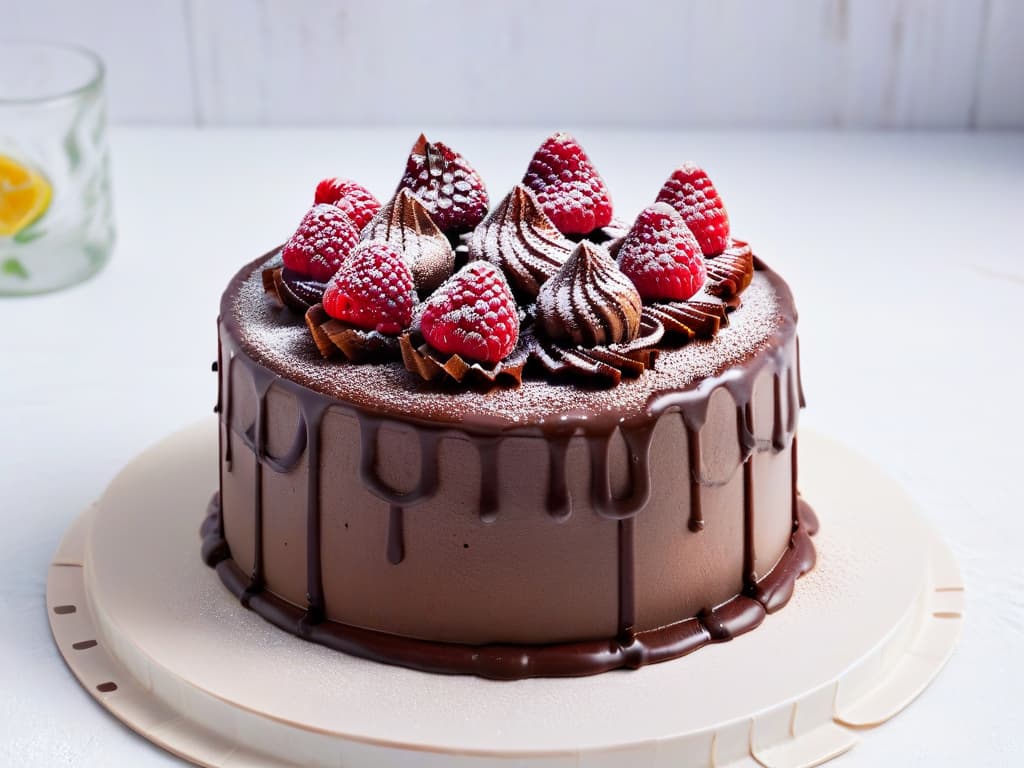  An ultradetailed photorealistic image of a decadent vegan chocolate cake topped with fresh raspberries and a drizzle of dairyfree ganache, displayed on a sleek marble cake stand with a scattering of cocoa powder around it. The cake is perfectly moist and rich, with visible layers and a glossy finish that reflects the light, showcasing the texture and mouthwatering appeal of this dairyfree dessert masterpiece. hyperrealistic, full body, detailed clothing, highly detailed, cinematic lighting, stunningly beautiful, intricate, sharp focus, f/1. 8, 85mm, (centered image composition), (professionally color graded), ((bright soft diffused light)), volumetric fog, trending on instagram, trending on tumblr, HDR 4K, 8K