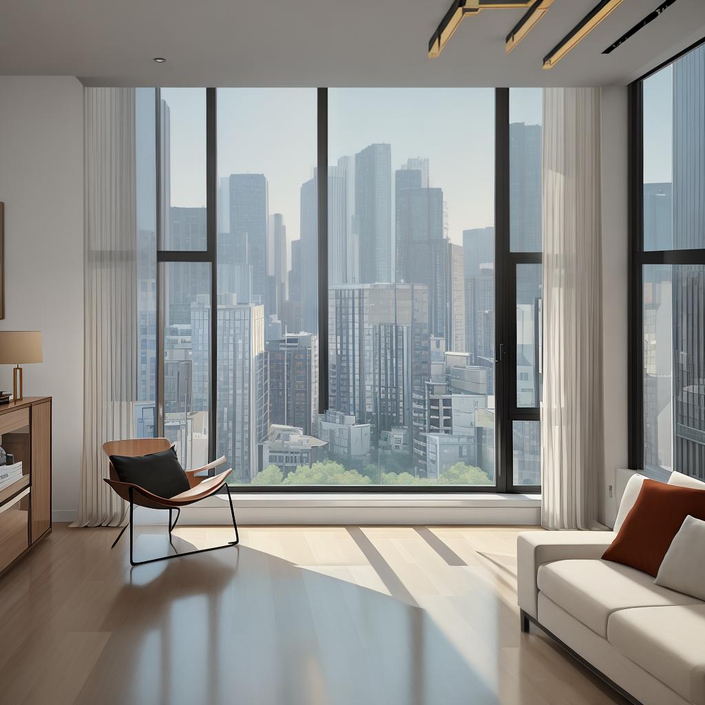  masterpiece, best quality, Best Quality, Masterpiece, 8k resolution,high resolution concept art of an apartment living room with floor to ceiling windows and modern furniture