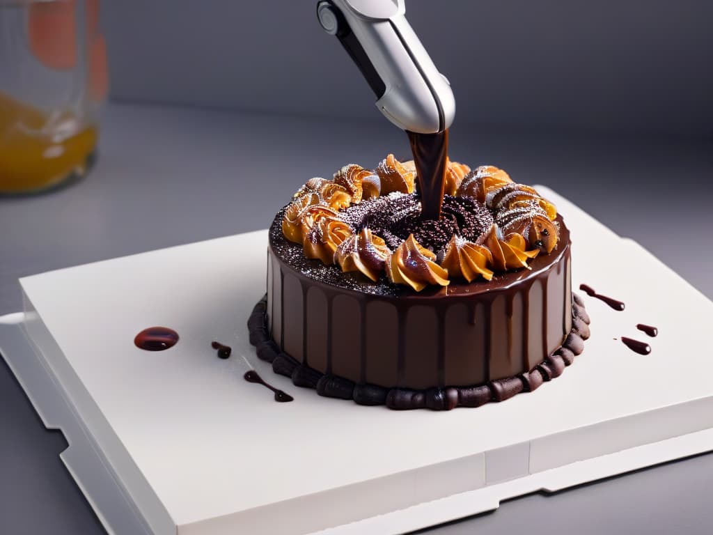  A closeup, ultradetailed image of a sophisticated robotic arm delicately drizzling intricate patterns of chocolate sauce onto a beautifully plated dessert. The robotic arm's precision and the glossy sheen of the chocolate create a mesmerizing and futuristic visual, showcasing the seamless blend of technology and culinary artistry in dessert customization. hyperrealistic, full body, detailed clothing, highly detailed, cinematic lighting, stunningly beautiful, intricate, sharp focus, f/1. 8, 85mm, (centered image composition), (professionally color graded), ((bright soft diffused light)), volumetric fog, trending on instagram, trending on tumblr, HDR 4K, 8K