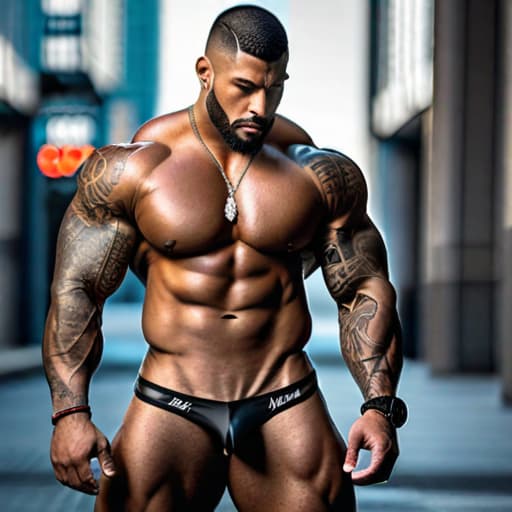  A man with a heavy, bulky, muscular build, wearing a men's micro bikini, with tattoos on his legs. hyperrealistic, full body, detailed clothing, highly detailed, cinematic lighting, stunningly beautiful, intricate, sharp focus, f/1. 8, 85mm, (centered image composition), (professionally color graded), ((bright soft diffused light)), volumetric fog, trending on instagram, trending on tumblr, HDR 4K, 8K