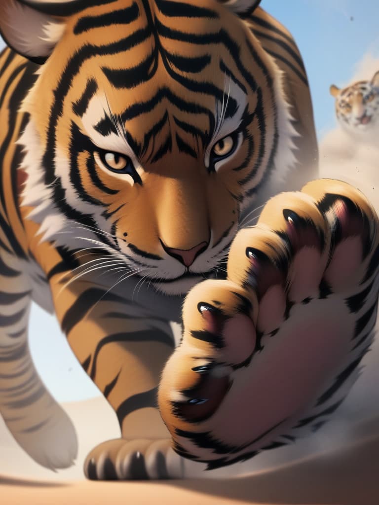  masterpiece,(((close up of paw sole)))1.5,((((ant's viewpoint)))1.2,walking tiger,great power,tiger raises right paw,(((tiger paw sole))),((((animal photo))))1.5,((((geography)))),powerful photo from directly below,((tiger front view)),Accurate anatomy,((rolling dust)),super analysis,super precision,super high resolution,8K, masterpiece, best quality,8k,ultra detailed,high resolution,an extremely delicate and beautiful,hyper detail